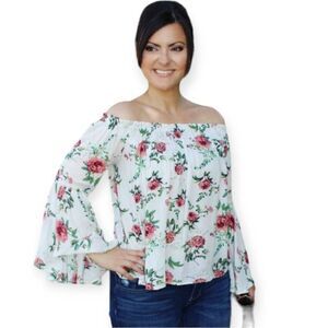 CASTING L.A. PINK & CREAM FLORAL BELL SLEEVE OFF-THE-SHOULDER TOP SZ.S EUC.